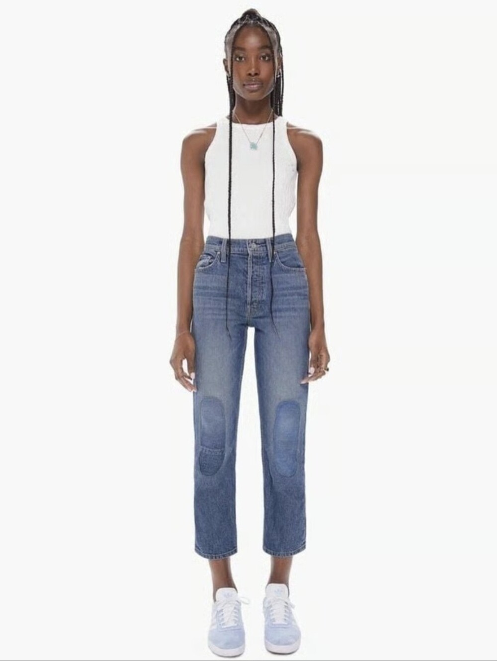 MOTHER Blue Cropped Straight Jeans with Knee Patches